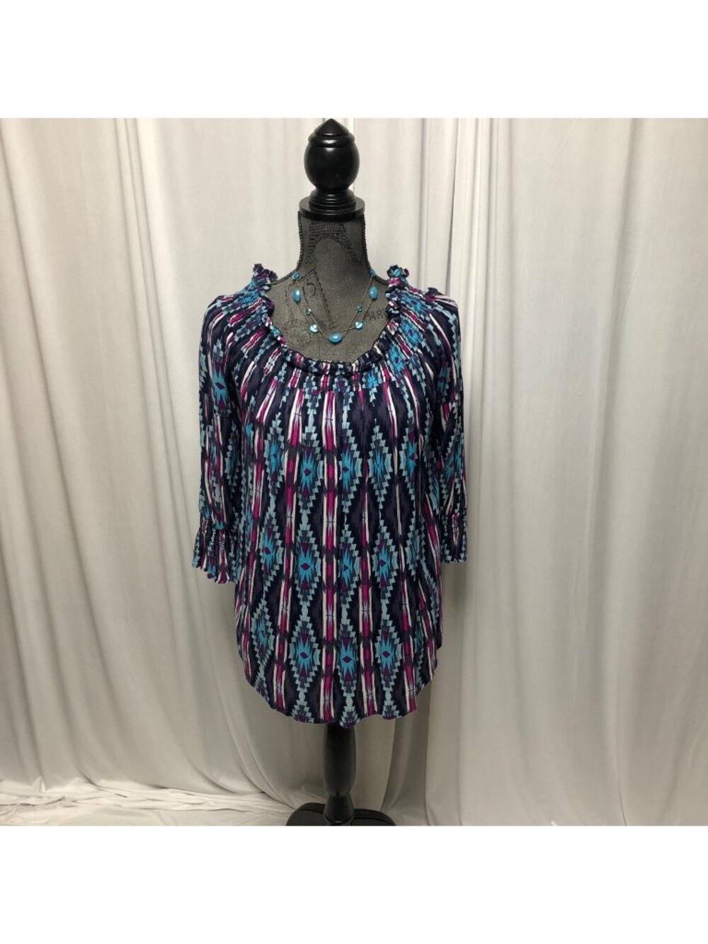 Rock and Roll Cowgirl Top Womens Sz Small Blue Fuchsia Blouse Aztec Western NEW